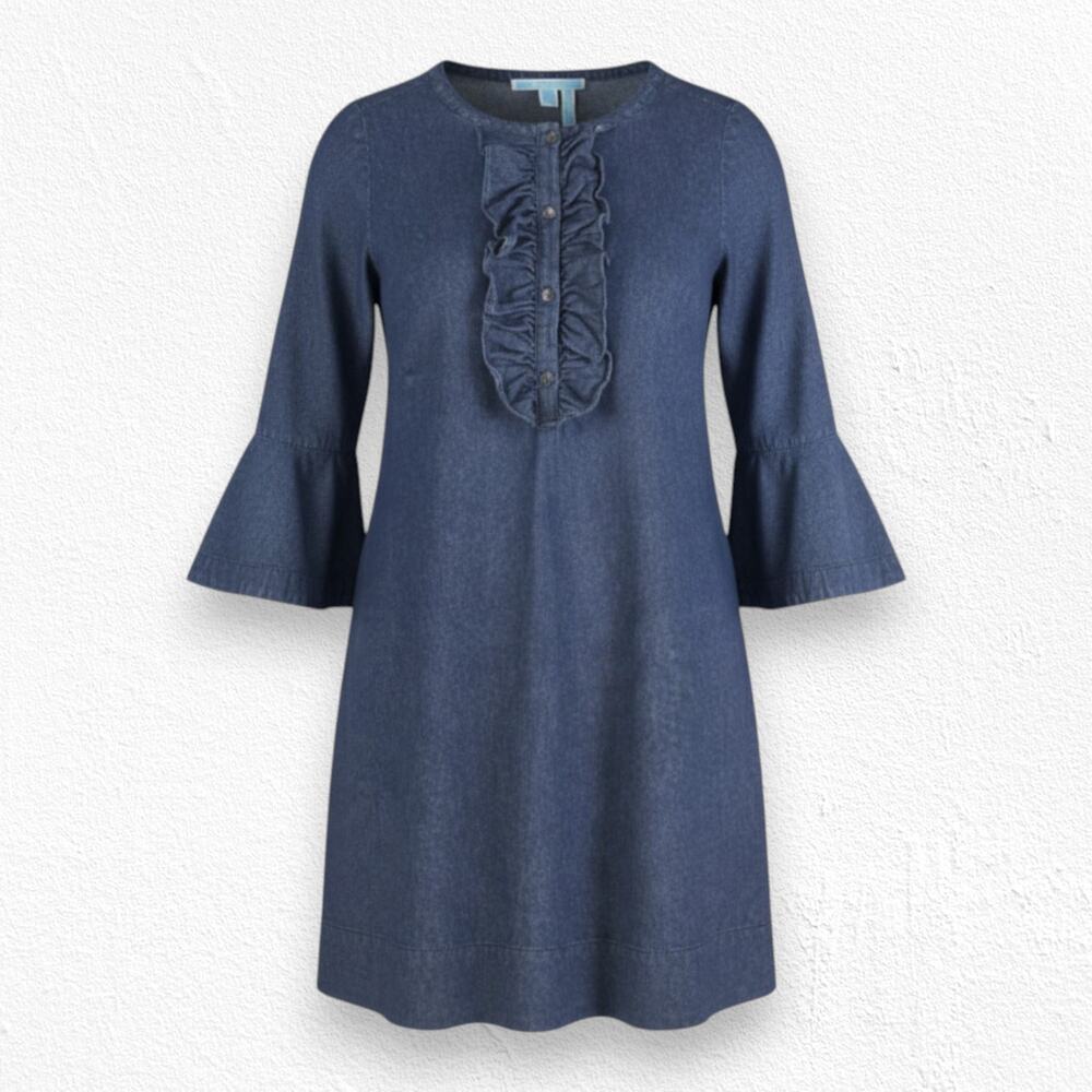 Draper James Medium Wash Denim Ruffle Front Bell Sleeve A-Line Dress Size 2